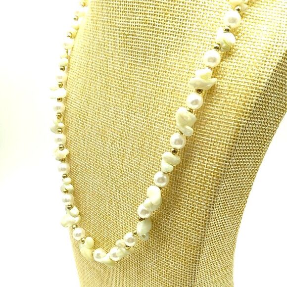 Baroque Freshwater Pearl Necklace Gold-tone Spacer Beads Long - Picture 6 of 9